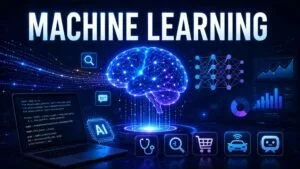 Machine learning feature image with AI brain, neural network, data analytics, Python code, and real world applications.