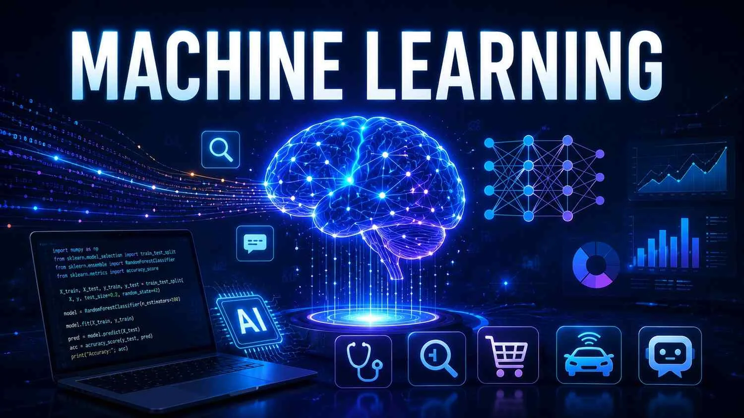 Machine learning feature image with AI brain, neural network, data analytics, Python code, and real world applications.