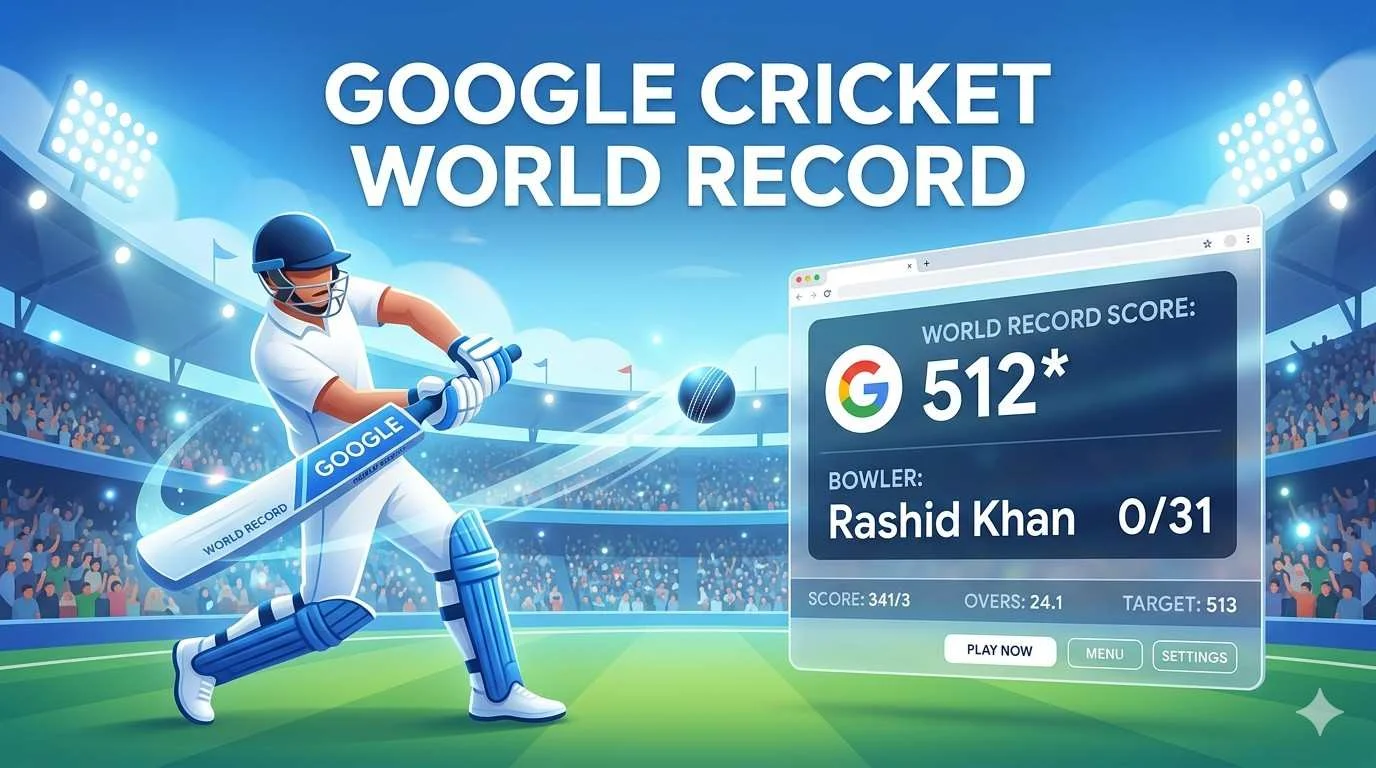 Professional vector-style blog header image featuring a batsman in white and blue gear hitting a cricket ball, with a subtle web browser interface showing a world record score against a vibrant cricket stadium backdrop.